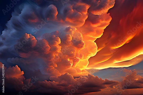 vivid orange and cool blue tones dominate a dramatic cloudscape cumulonimbus clouds rising high  #820291114
