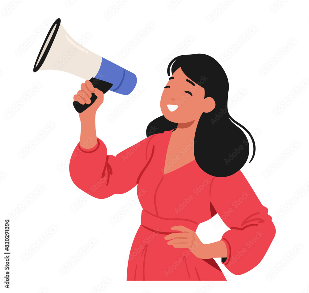 Joyful Woman Dressed In A Red Top, Using A Megaphone To Speak Or Announce. Female Character Captures Sense Of Leadership Joyful Woman Dressed In A Red Top, Using A Megaphone To Speak Or Announce. Female Character Captures Sense Of Leadership