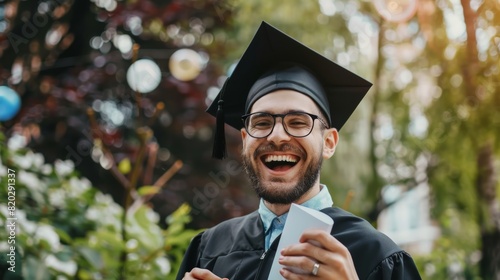 happy student in graduation cap with certificate photo