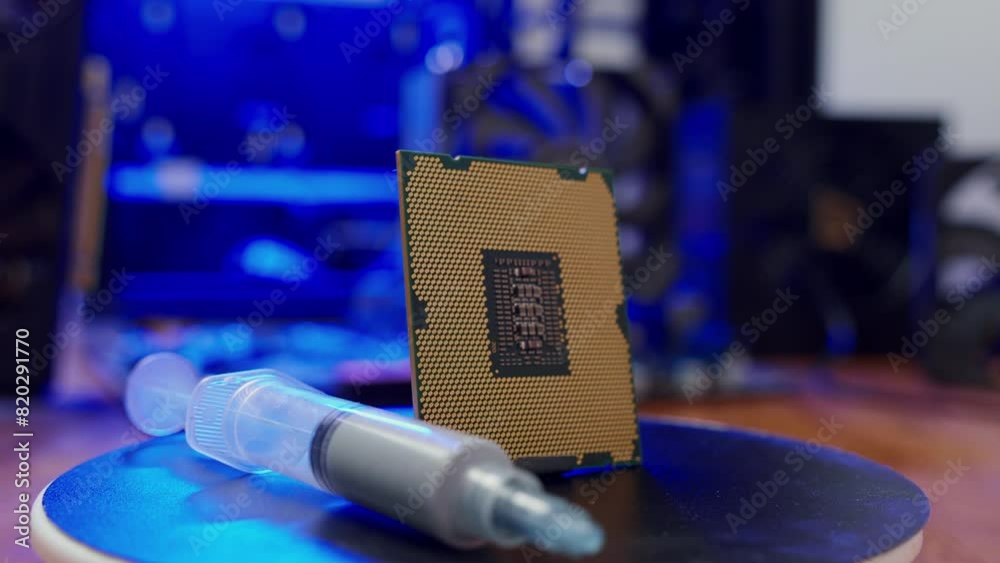 Computer processor with thermal paste rotates close up. Modern computer part with PC case on background. Building personal gaming and workstation pc concept