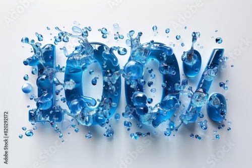 3D rendering of a number 100% made of blue water with splashes, standing out against a white background.
 photo