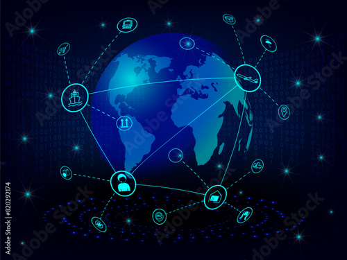 Global logistics network in blue. Map global logistics partnership connection.  Globe  with logistics icons in neon style with glowing blue pedestal.  EPS10.