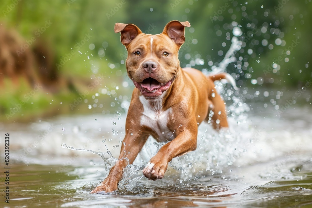 pit bull terrier jumps in the water. Pet activity