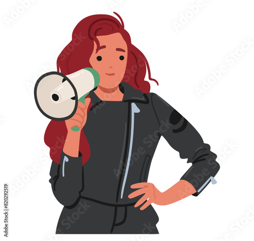 Confident Young Woman With Red Hair Speaking Through A Megaphone. Female Emphasizing Communication And Leadership