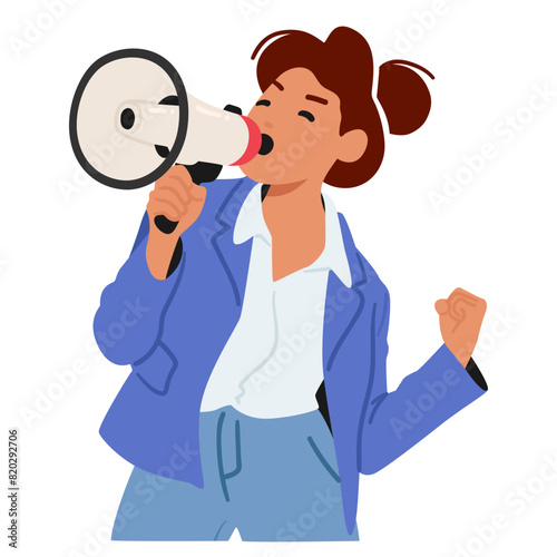 Young Woman With A Megaphone Making An Announcement. Character Sports A Relaxed Business Casual Attire