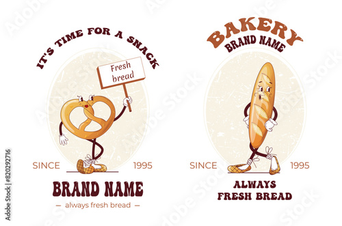 Vintage bakery brand logos with cute animated bread characters. Fashionable style of the 60-70s. Retro vector illustration in a modern style.