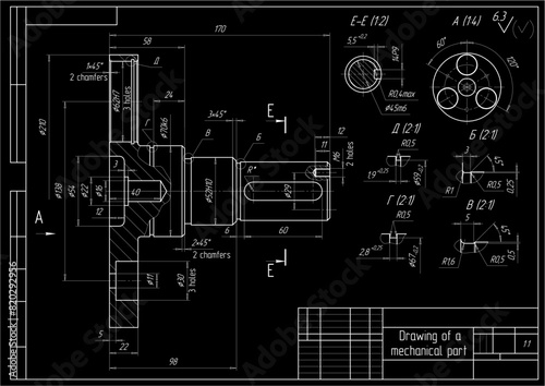 Assembly drawing of steel part with through holes.
Vector cad scheme of mechanical device with shaft, gear, 
bearing, bolted connection and dimension lines.
Engineering background. Technical template.