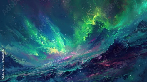 Otherworldly aurora borealis on an alien planet, shades of green and purple dancing across the sky, impressionist brushstrokes, hints of flora in the realistic