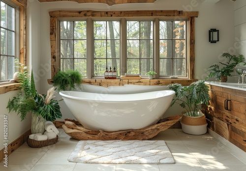 Luxurious rustic bathroom with freestanding bathtub and natural wood accents  surrounded by lush greenery and sunlight