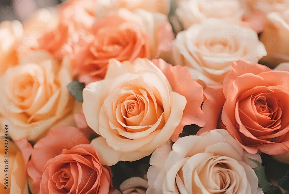 Delicate close-up of a bouquet featuring beautiful soft pastel roses with gentle orange and creamy white hues, exemplifying elegance and purity, perfect for romantic or floral-themed backgrounds Delicate close-up of a bouquet featuring beautiful soft pastel roses with gentle orange and creamy white hues, exemplifying elegance and purity, perfect for romantic or floral-themed backgrounds