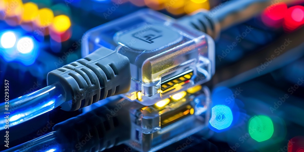 Close up of network cable and plug in a data center with colorful lights Close up of network cable and plug in a data center with colorful lights