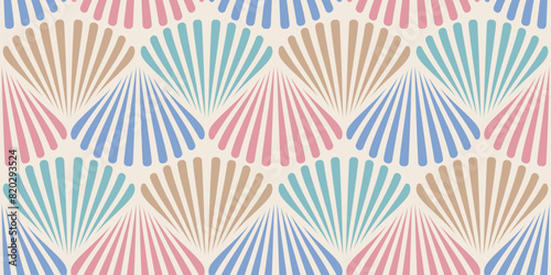 Retro seamless marine pattern with colorful shells. Vintage pattern of shells in 60s style.