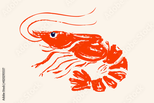 Vector icon of shrimp for Asian food. Vector illustration of shrimp in grunge ink style.