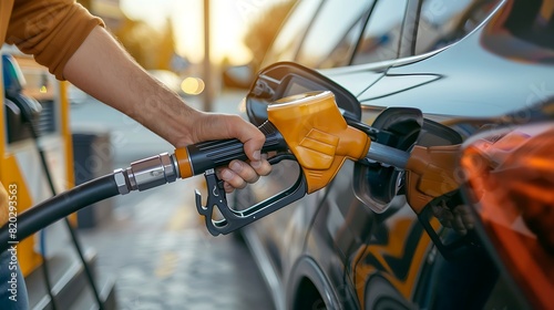 Close up of man hand refueling car with gasoline at gas station