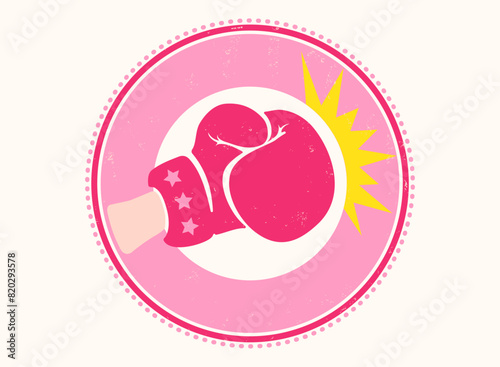 Vector vintage logo for female boxing club. Retro vector emblem for woman boxing with pink glove.