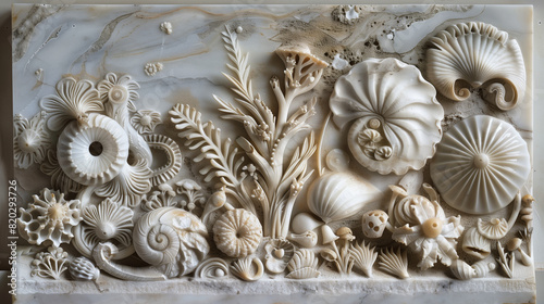 An intricate marble relief depicting the underwater world, with sea shells and corals in detailed carving