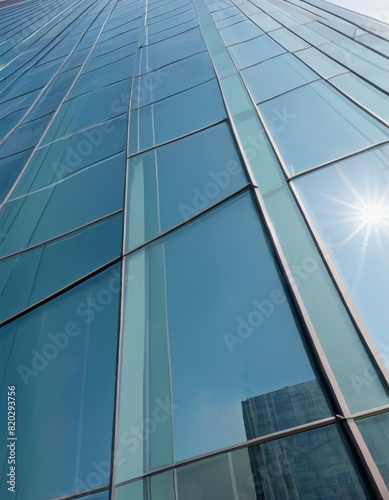 A sleek  modern skyscraper s glass facade reflects the bright blue sky and sun  symbolizing urban architecture and progress.