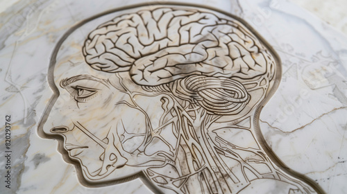 Anatomical human head with brain and spinal cord system on marble
