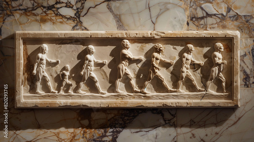 An ancient Roman relief carving depicting the evolution from apes to humans, on a marble wall
