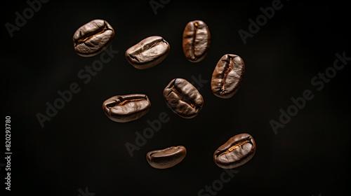 Few coffee beans scattered on the black background, in a top view, for product photography, with studio lighting