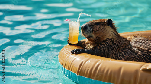 Beaver relaxing on an inflatable ring in the pool, holding and drinking a cocktail with a straw