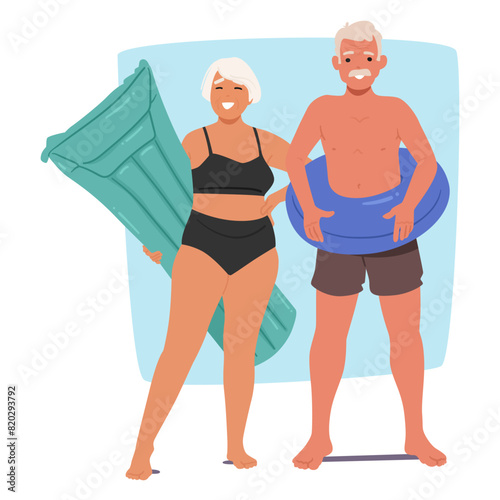 Cheerful Senior Couple In Swimwear, Holding Inflatable Swim Rings, Standing Confidently, Cartoon Vector Scene