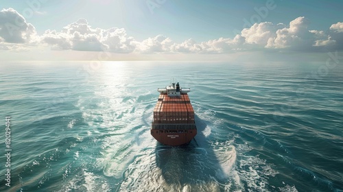 Panoramic front view of a cargo ship carrying containers for import and export, business logistic and transportation in open sea realistic photo