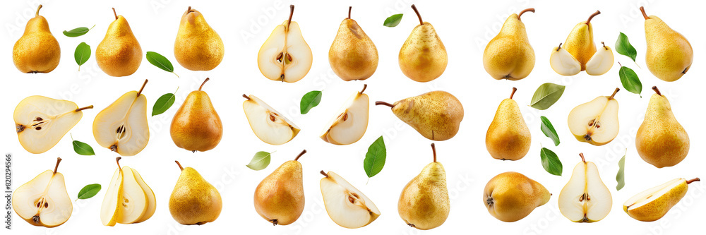 Pear fruit, different angles and view side top front group sliced cut, isolated on transparent background Pear fruit, different angles and view side top front group sliced cut, isolated on transparent background