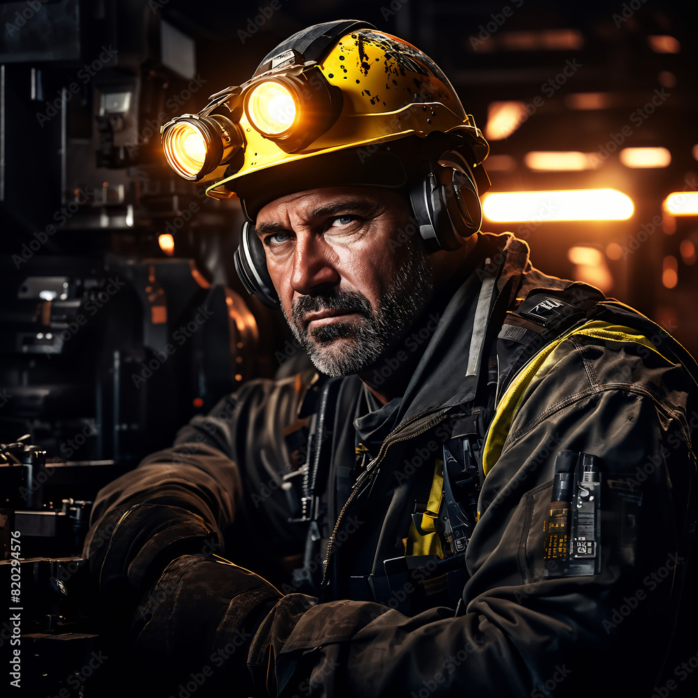 close up of a middle aged man wearing a safety hat, wearing a safety jacket, with a drilling machine in his hand close up of a middle aged man wearing a safety hat, wearing a safety jacket, with a drilling machine in his hand