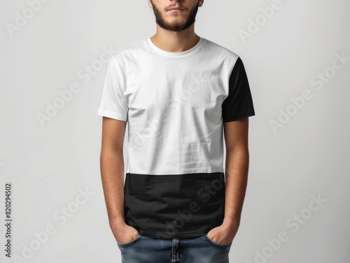 Happy man posing with the hands in his pockets and smiling. Latin man wearing a mock up t-shirt design while standing in front of a white background