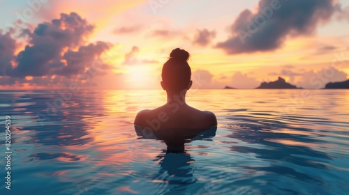 Paradise sunset idyllic vacation woman silhouette swimming in infinity pool looking at sky reflections over ocean dream. Perfect amazing travel destination in Bora Bora, Tahiti, French Polynesia rea photo