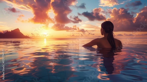 Paradise sunset idyllic vacation woman silhouette swimming in infinity pool looking at sky reflections over ocean dream. Perfect amazing travel destination in Bora Bora  Tahiti  French Polynesia reali