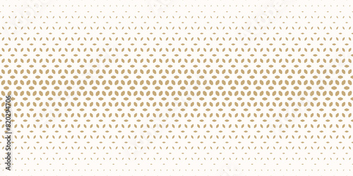 Vector halftone seamless pattern. Gold and white texture with gradient transition effect. Golden luxury geometric background with floral shapes, falling petals, mesh. Abstract repeated geo design photo