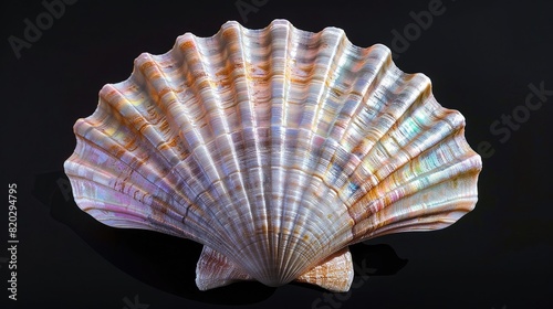 perspective of a scallop shell, capturing iridescent interior, set against a black background realistic © Nabeel