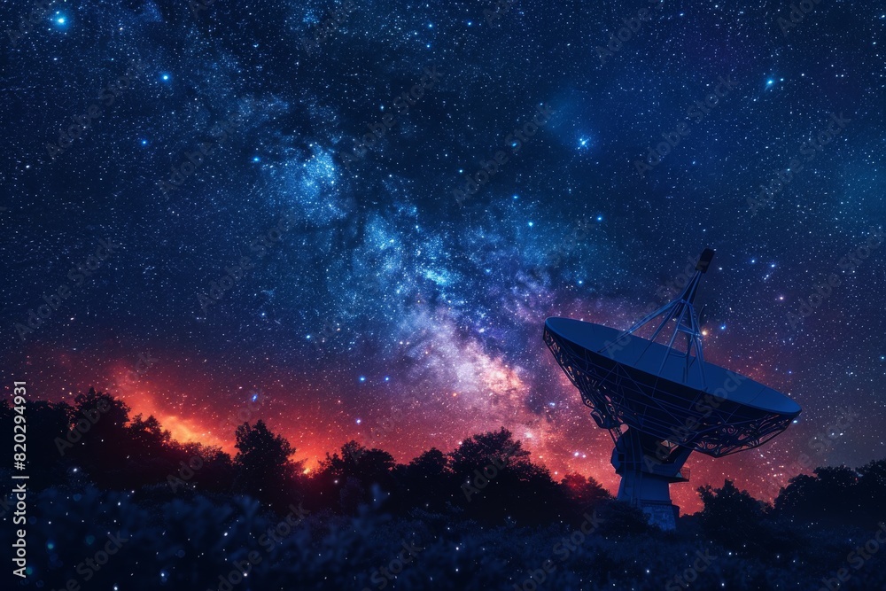 Radio telescope at starry night. Antenna for of space signals research. Space observatory Radio telescope at starry night. Antenna for of space signals research. Space observatory