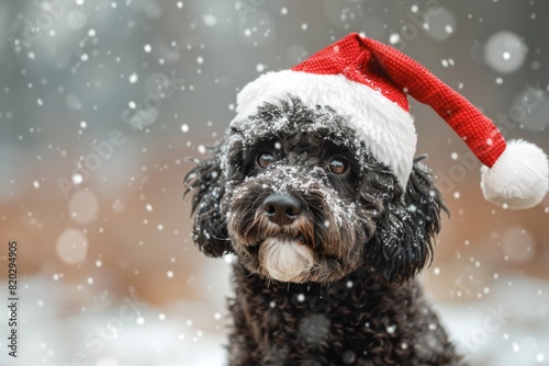 Portuguese Water Dog breed dog wearing festive red Santa hat posing outdoor in snowy park decorated for holidays . Christmas celebration. Bright warm colours.  photo