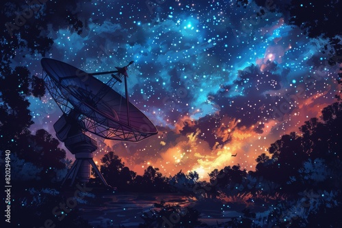 Radio telescope at starry night. Antenna for of space signals research. Space observatory  photo