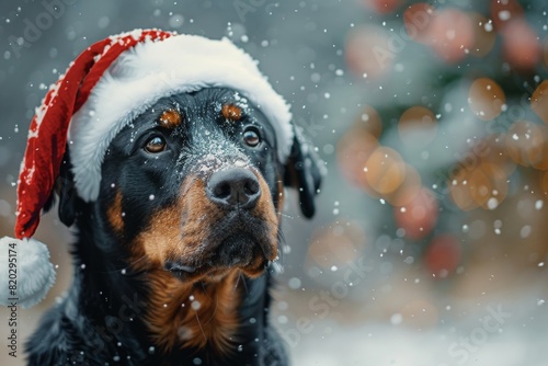 Rottweiler breed dog wearing festive red Santa hat posing outdoor in snowy park decorated for holidays . Christmas celebration. Bright warm colours. 
