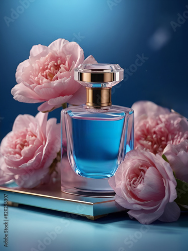 perfume bottle on the podium, background in bright blue  tones, realistic and at the same time romantic, clarity of tone, jcore, winner of the competition, pink flowers photo