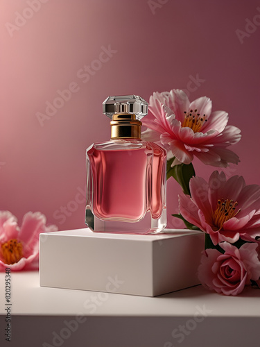 perfume bottle on the podium, background in bright pink tones, realistic and at the same time romantic, clarity of tone, jcore, winner of the competition, white flowers photo