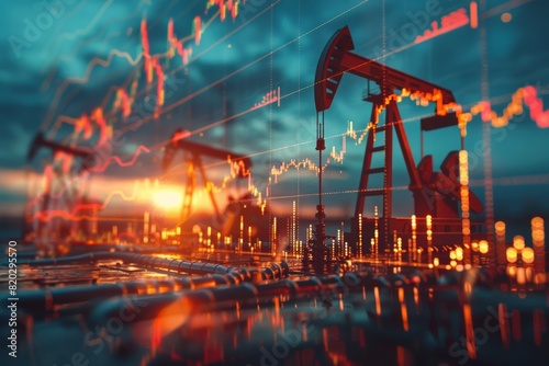 Silhouettes of oil pump jacks with stock market graphs overlay. Highlights how oil prices influence the global economy and market trends.







 photo