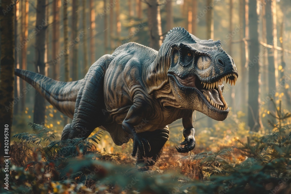 Fototapeta premium Tyrannosaurus walking in prehistoric forest. Angry dinosaur in natural habitat 