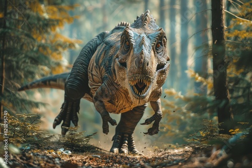 Tyrannosaurus walking in prehistoric forest. Angry dinosaur in natural habitat  © Uliana