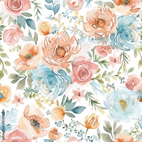 Elegant Watercolor Floral Pattern with Roses and Foliage
