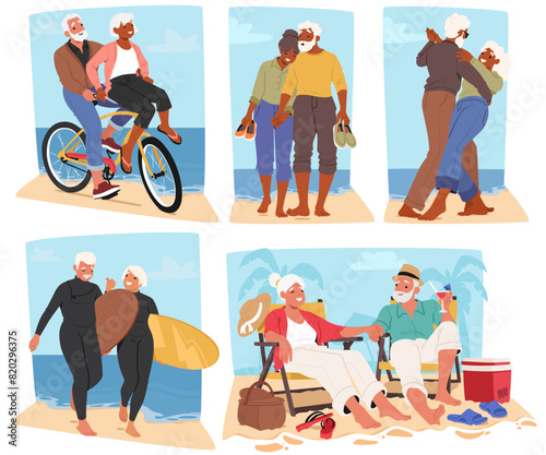 Active Senior Couples On Beach, Engaging In Cycling, Walking, Dancing, And Relaxing Activities. Old Characters Show Joy