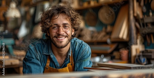 Smiling young craftsman in a workshop, wearing glasses and denim
