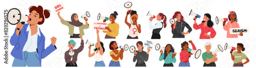 Diverse Women Holding A Megaphones And Advocating For Gender Equality. Characters Hold Signs With Feminist Messages