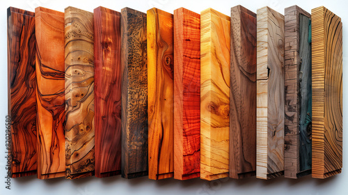 A series of wooden panels with varying wood grains and textures, arranged in an artistic display on the wall. The panels feature rich colors like reds, oranges, yellows, browns, greens, and tones