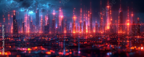 Futuristic cityscape with vibrant glowing lights and dynamic sky