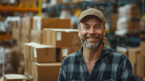 Smiling mature male warehouse worker with positive attitude at work